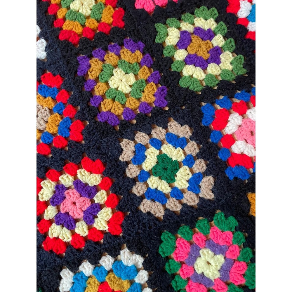 Vintage Handmade Crochet Granny Square Afghan Blanket Multi-Color Black 62x48‎